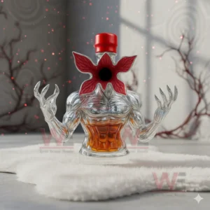 Stranger Things Demogorgon Whiskey Bottle 5 Demogorgon inspired whiskey bottle standing on white fur with abstract horror decor behind!
