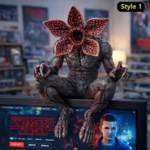 A flower faced monster figurine sits cross legged on a screen with intricate textures and a dark cinematic background!