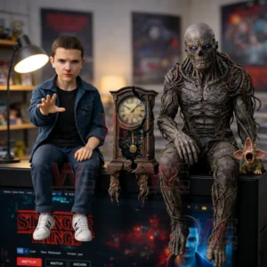 A young girl figure and a humanoid monster sit beside a cracked antique clock on a display surface with a cinematic background!