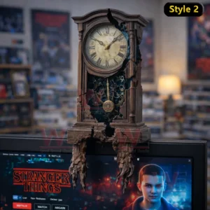 A broken antique clock figurine with exposed gears and cracked wood displayed against a cinematic background!