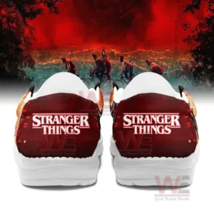 Stranger Things Hey Dude Shoes 8 Back view of shoes with prominent Stranger Things branding on red heel sections!