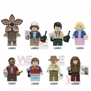 Group of brick built character figures lined up together showing different outfits faces and accessories from a fantasy themed series!