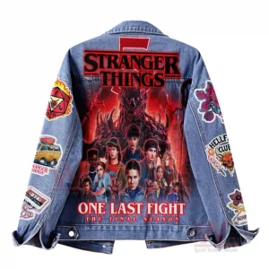 Back view of a denim jacket featuring a large Stranger Things final season graphic surrounded by themed sleeve patches!