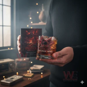 Collector glass with a monster design held in hand in a dark atmospheric setting!