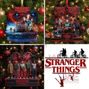 Stranger Things ornament with character collage and Upside Down art hanging on a Christmas tree!