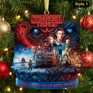 Stranger Things Welcome to Up Side Down Ornament 6 Stranger Things ornament with cast and large monster displayed on a Christmas tree!