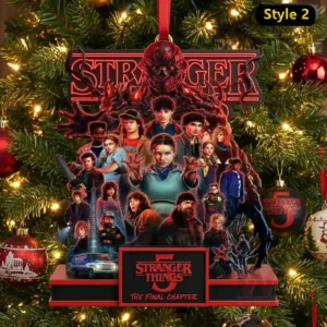 Stranger Things Welcome to Up Side Down Ornament 7 Stranger Things ornament with group of characters and red lightning creature on Christmas tree!