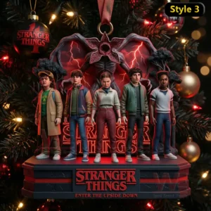Stranger Things Welcome to Up Side Down Ornament 8 Stranger Things ornament with main characters standing before a large red lightning monster on a Christmas tree!
