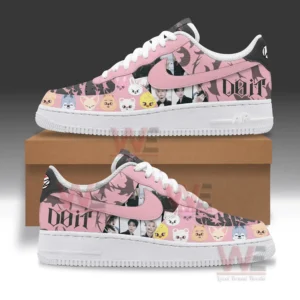 Stray Kids Do it Air Force 1 Sneaker 4 Pink custom sneaker shown from the side with illustrated details character faces and portraits resting on a product box!