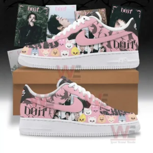 Pink custom sneakers displayed on a box with illustrated artwork and portrait graphics with themed photo cards behind them!