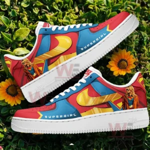 Supergirl themed sneakers with red blue yellow panels and heroic character artwork!