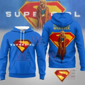 Blue Supergirl hoodie with front logo and back illustration of the character standing in front of a large emblem!