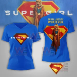 Blue Supergirl v neck shirt with front emblem and back character artwork and slogan!