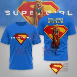 Blue Supergirl crew neck shirt with front logo and back illustration of the character standing confidently!