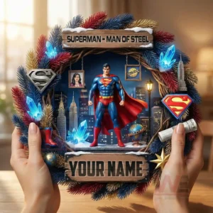 Superman themed christmas wreath with heroic figure city background festive greenery and custom name plaque!