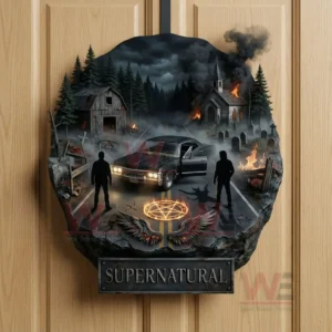 Supernatural themed wall hanging with a dark cinematic scene including a car forest fire and mystical elements!