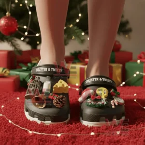 Back view of Sylvester and Tweety Christmas themed clogs worn near a decorated tree with festive ornaments!
