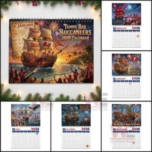 Various two zero two six Buccaneers calendar pages showing themed artwork for multiple months!