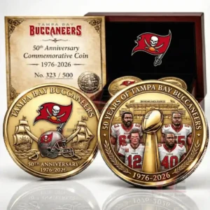 Tampa Bay Buccaneers fiftieth anniversary commemorative coin with team logo ships football imagery and anniversary years displayed in a presentation case!