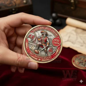 Hand holding a Tampa Bay Buccaneers 50th anniversary coin with pirate artwork and 1976 to 2026 text in a collector style setting!