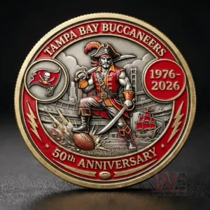 Close up of a Tampa Bay Buccaneers anniversary coin with pirate warrior design sword stadium ship and 1976 to 2026 text!