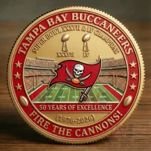 Tampa Bay Buccaneers coin with stadium background team flag Super Bowl titles 50 years of excellence 1976 to 2026 and fire the cannons text!