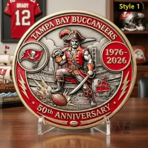 Tampa Bay Buccaneers 50th anniversary coin on a stand with pirate artwork 1976 to 2026 text and sports memorabilia background!
