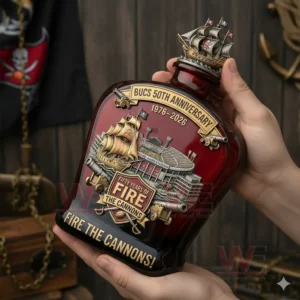 Red football themed commemorative bottle with pirate ship topper held in a dramatic indoor setting!