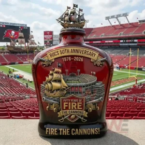Red football themed commemorative bottle with pirate ship topper displayed inside a stadium environment!