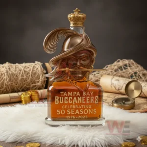 Pirate head shaped whiskey bottle celebrating Tampa Bay Buccaneers placed on a soft surface with treasure themed background!