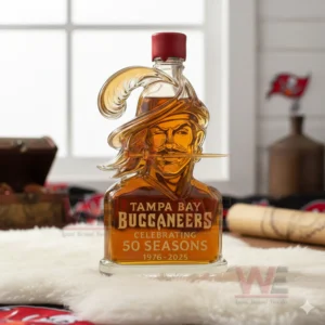 Pirate themed whiskey bottle celebrating Tampa Bay Buccaneers displayed indoors with clean bright background!