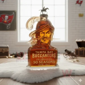 Pirate head whiskey bottle celebrating Tampa Bay Buccaneers surrounded by nautical themed objects!