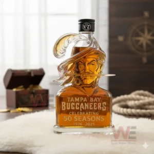 Pirate head shaped whiskey bottle celebrating Tampa Bay Buccaneers shown in a warm rustic environment!