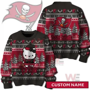 A festive team themed sweater with a central holiday character decorative patterns snowy trees and graphics representing the Tampa Bay Buccaneers!