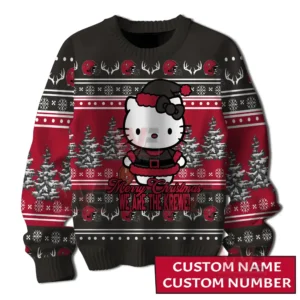 Front view of a festive sweater with a holiday character snowy trees and themed graphics supporting the Tampa Bay Buccaneers!