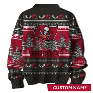 Back view of a holiday sweater with the Tampa Bay Buccaneers logo snowy trees and decorative festive patterns!