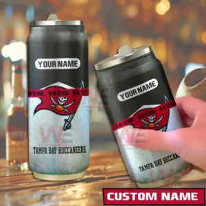 Two angle view of a custom name Tampa Bay Buccaneers can shaped tumbler in black and silver.