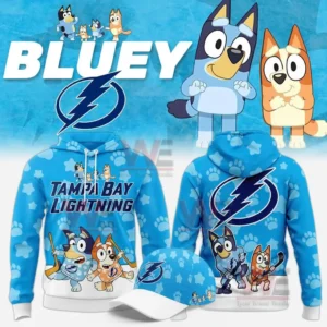 Blue Tampa Bay Lightning Bluey themed hoodie shown front and back with paw print pattern team text lightning logo cartoon hockey characters and a matching cap.