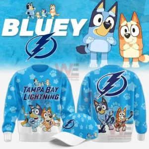 Tampa Bay Lightning Bluey Night Hoodie, Shirt 6 Blue Tampa Bay Lightning Bluey themed sweatshirt shown front and back with paw print pattern team text lightning logo cartoon hockey characters and a matching cap.
