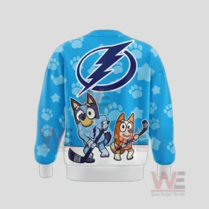 Tampa Bay Lightning Bluey Night Hoodie, Shirt 7 Back view of a blue Tampa Bay Lightning Bluey themed sweatshirt with large lightning logo paw print pattern and cartoon hockey characters near the bottom.