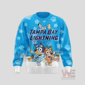Tampa Bay Lightning Bluey Night Hoodie, Shirt 8 Front view of a blue Tampa Bay Lightning Bluey themed sweatshirt with Tampa Bay Lightning text paw print pattern and cartoon hockey characters holding hockey sticks.