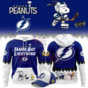 Blue hoodie with Tampa Bay Lightning text on the front and a large lightning bolt logo on the back with Peanuts comic scenes.