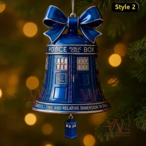 Doctor Who TARDIS Christmas Bell Ornament 3 Blue police box themed bell ornament with a top bow and a tiny matching charm hanging beneath it displayed near a Christmas tree branch!