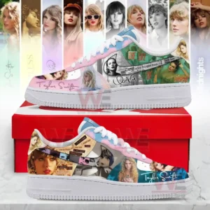 Sneakers with pastel gradients and a collage of Taylor Swift portraits and themed graphics wrapped around the upper panels!