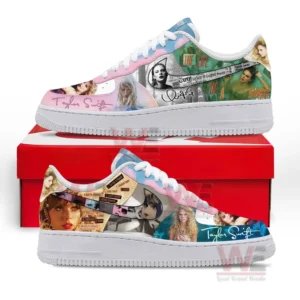 Side view of pastel themed sneakers displaying Taylor Swift portraits combined with textured album style graphics!