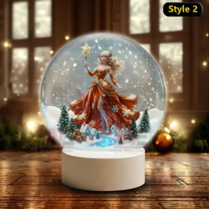 Taylor Swift Christmas Snowball Decoration Led Light 6 A snow globe showing an orange dressed fairy figure resembling Taylor Swift standing above a snowy village with falling snow!