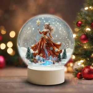Taylor Swift Christmas Snowball Decoration Led Light 7 A snow globe showing an orange dressed fairy figure resembling Taylor Swift standing above a snowy village scene with falling snow!