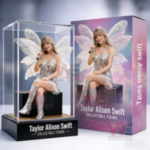 Singer collectible figure in a silver outfit with fairy wings holding a microphone inside a clear display case next to a matching colorful box!