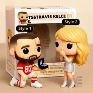 A toy like football player kneels on one knee offering a ring to a surprised female figure beside a decorative product box!