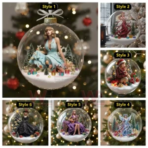 The image displays several decorative ornaments each featuring a woman in a unique festive dress set within a snowy glass sphere.